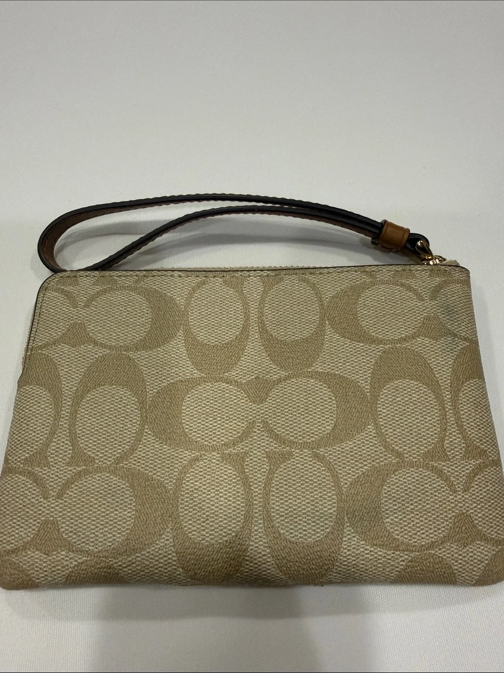 COACH Khaki and Tan Signature Canvas Wristlet